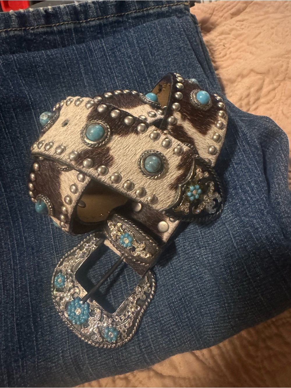 Western Cowhide Leather Belt with Turquoise Stones & Studs - Picture 3 of 3